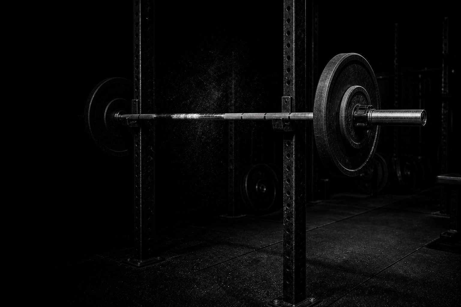 A loaded barbell racked in a dark gym, chalk dust hanging in the light — black and white.